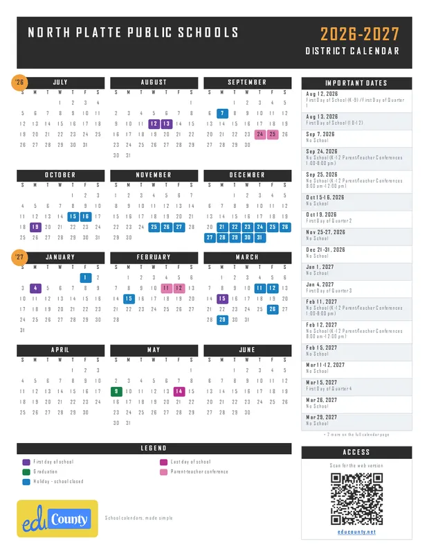 North Platte Public Schools printable 2026-27 calendar