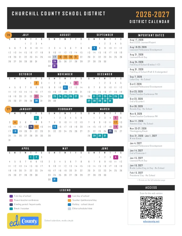 Churchill County School District printable 2026-27 calendar