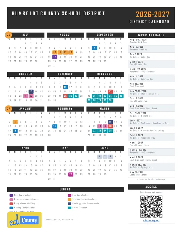 HUMBOLDT COUNTY SCHOOL DISTRICT printable 2026-27 calendar