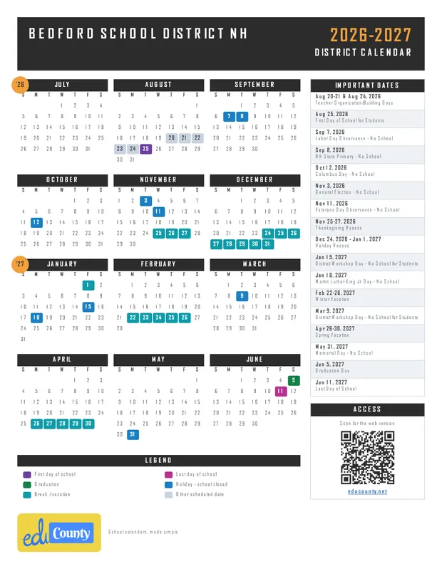 Bedford School District printable 2026-27 calendar