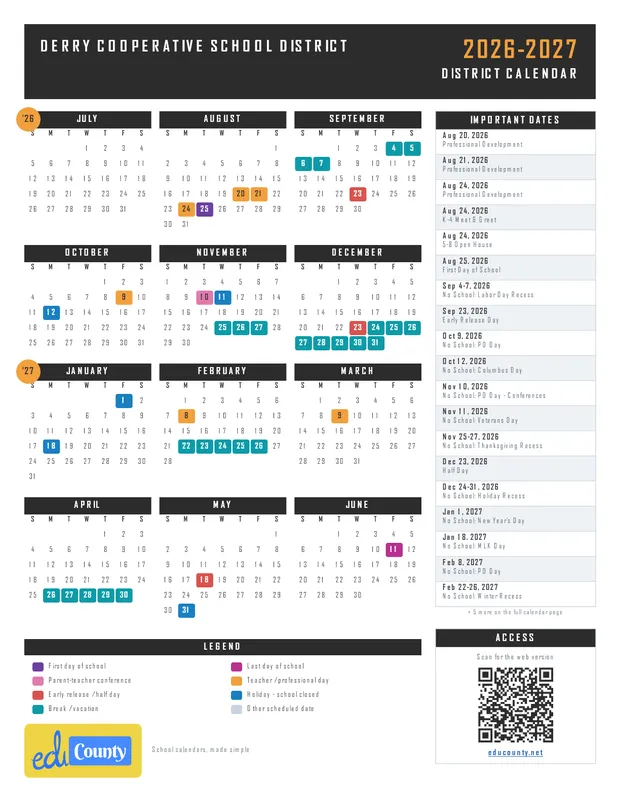 Derry Cooperative School District printable 2026-27 calendar