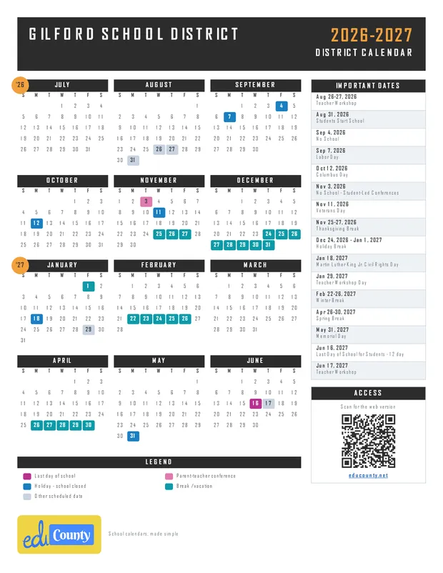 Gilford School District printable 2026-27 calendar
