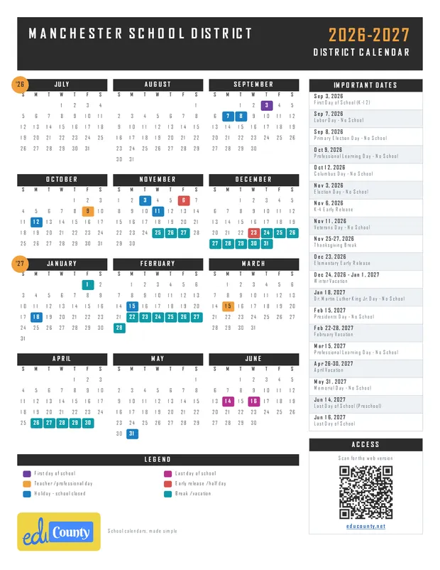 Manchester School District printable 2026-27 calendar