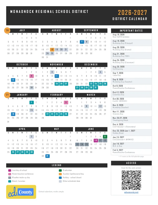 Monadnock Regional School District printable 2026-27 calendar