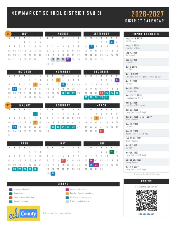 Newmarket School District SAU 31 printable 2026-27 calendar