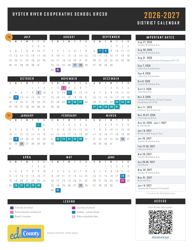 Oyster River Cooperative School ORCSD printable 2026-27 calendar
