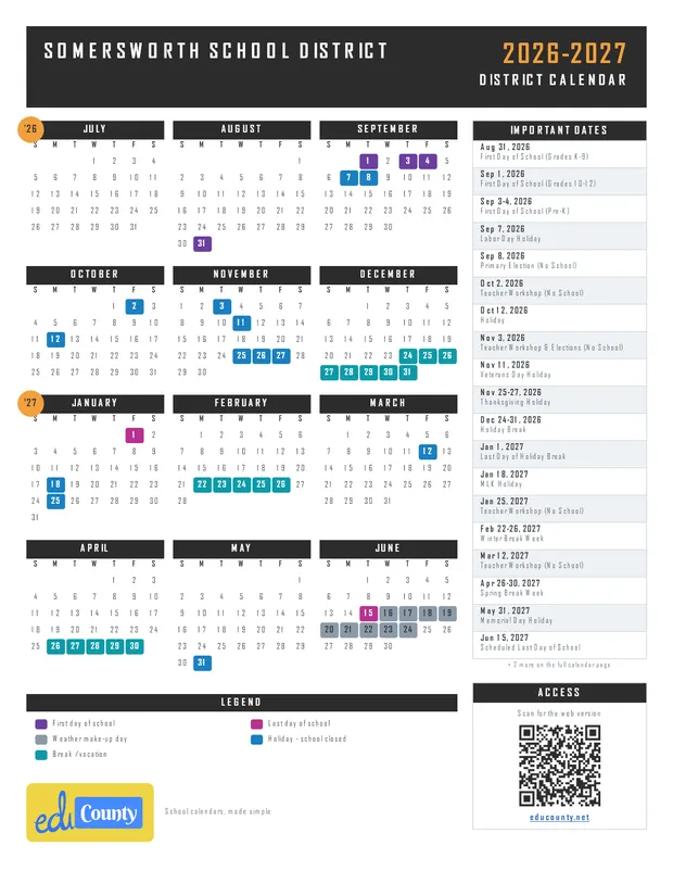 Somersworth School District printable 2026-27 calendar