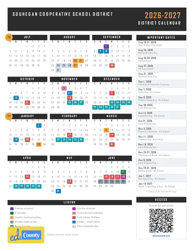 Souhegan Cooperative School District printable 2026-27 calendar