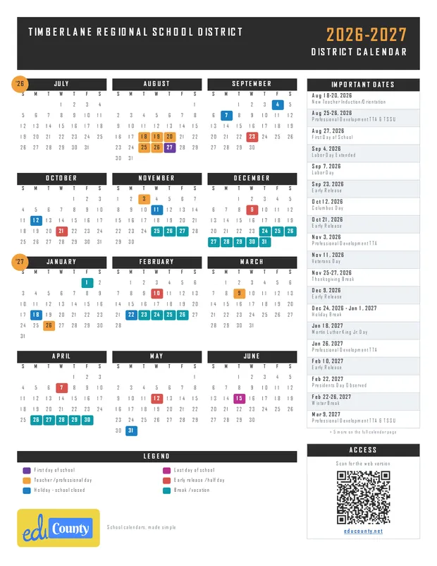 Timberlane Regional School District printable 2026-27 calendar