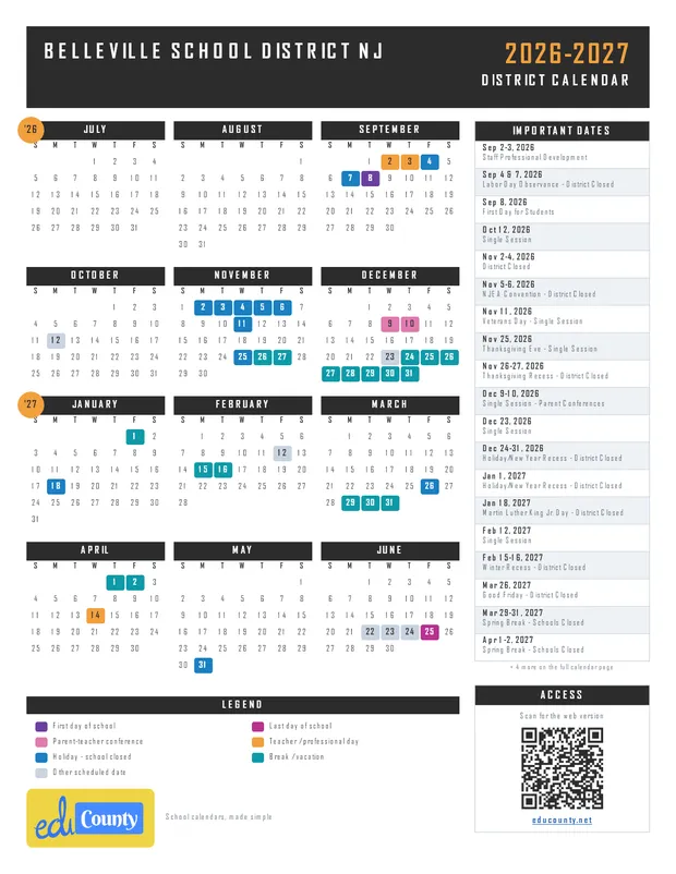 Belleville School District printable 2026-27 calendar