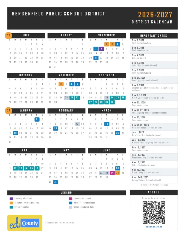 Bergenfield Public School District printable 2026-27 calendar