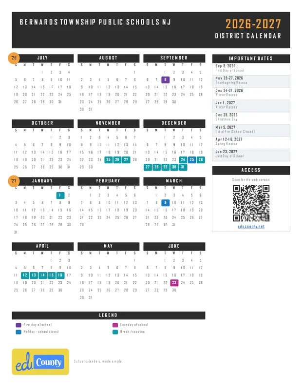 Bernards Township Public Schools printable 2026-27 calendar