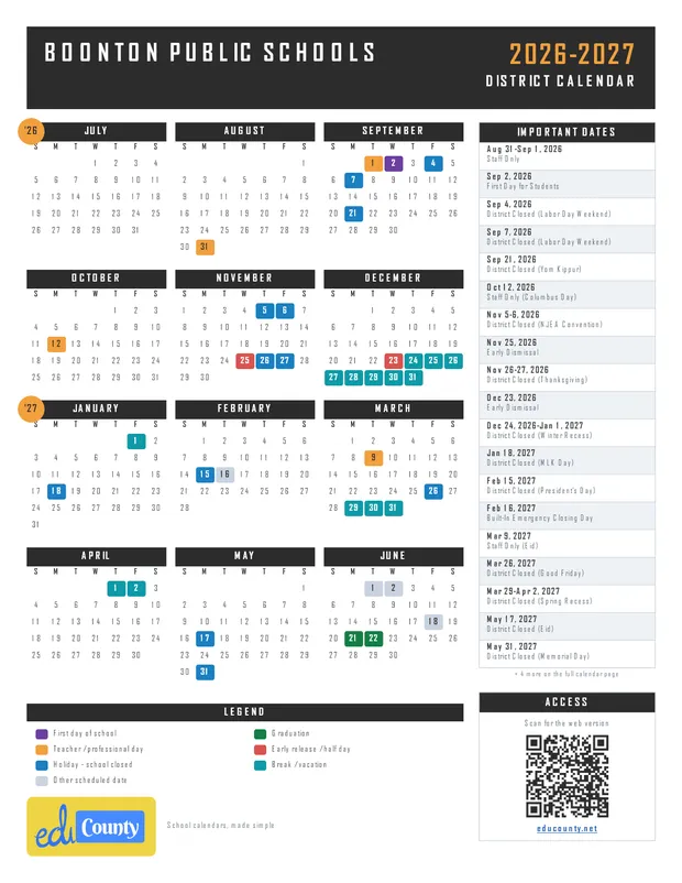 BOONTON PUBLIC SCHOOLS printable 2026-27 calendar