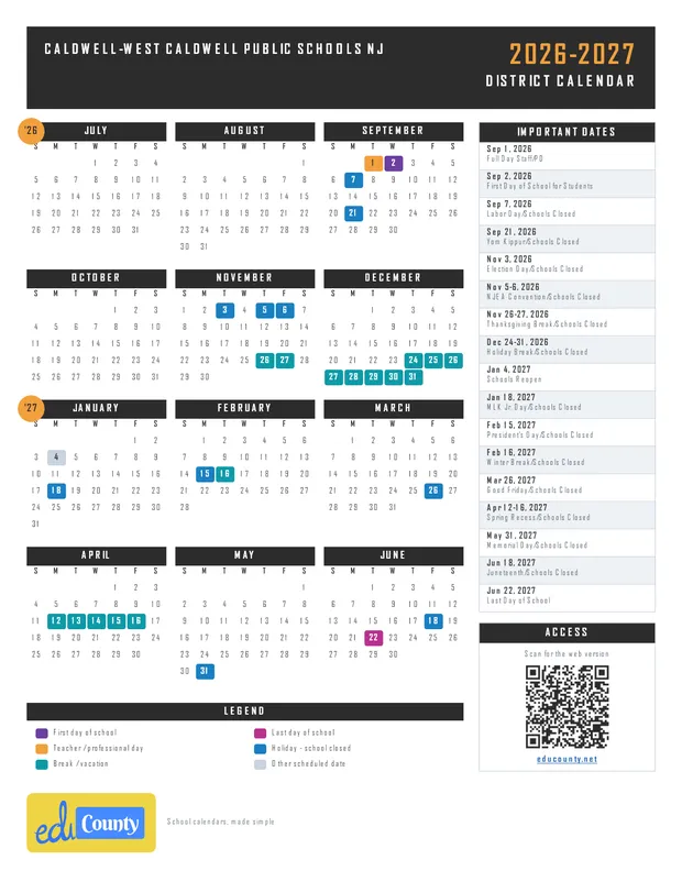 Caldwell-West Caldwell Public Schools printable 2026-27 calendar