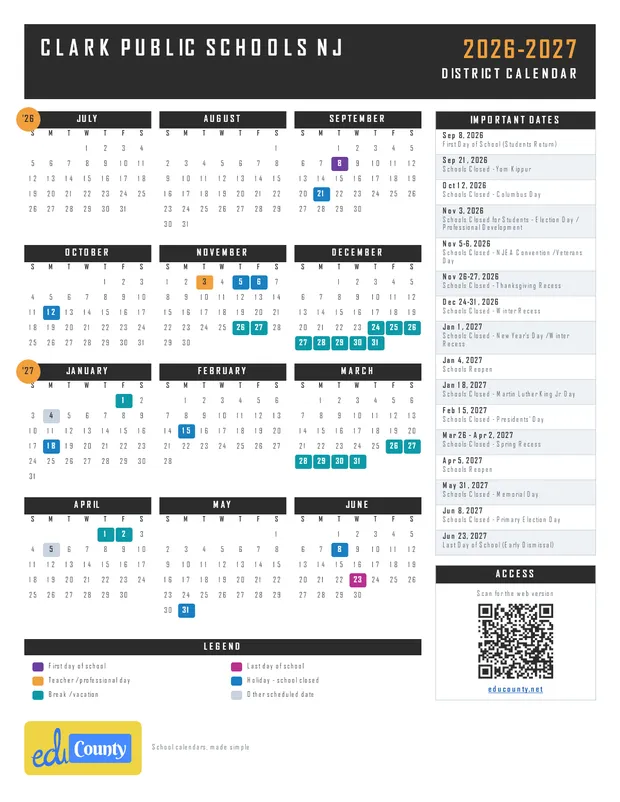 Clark Public Schools printable 2026-27 calendar