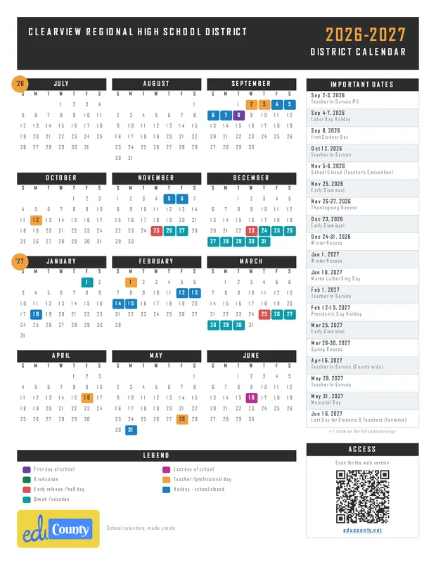 Clearview Regional High School District printable 2026-27 calendar