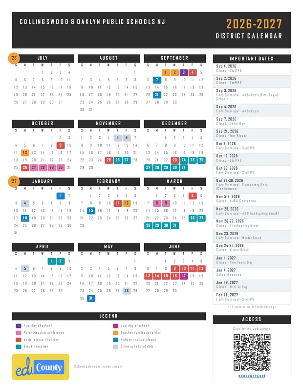 Collingswood & Oaklyn Public Schools printable 2026-27 calendar