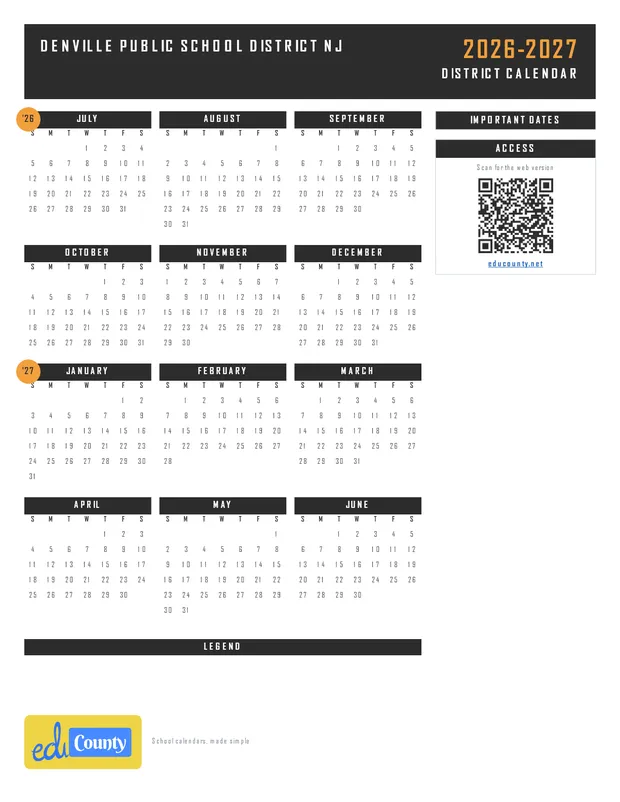 Denville Public School District printable 2026-27 calendar