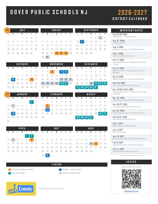 Dover Public Schools printable 2026-27 calendar