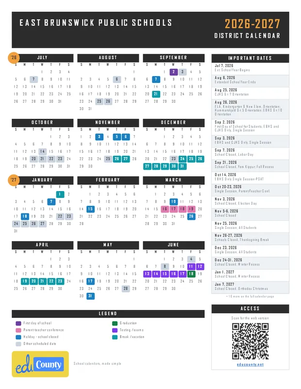 East Brunswick Public Schools printable 2026-27 calendar