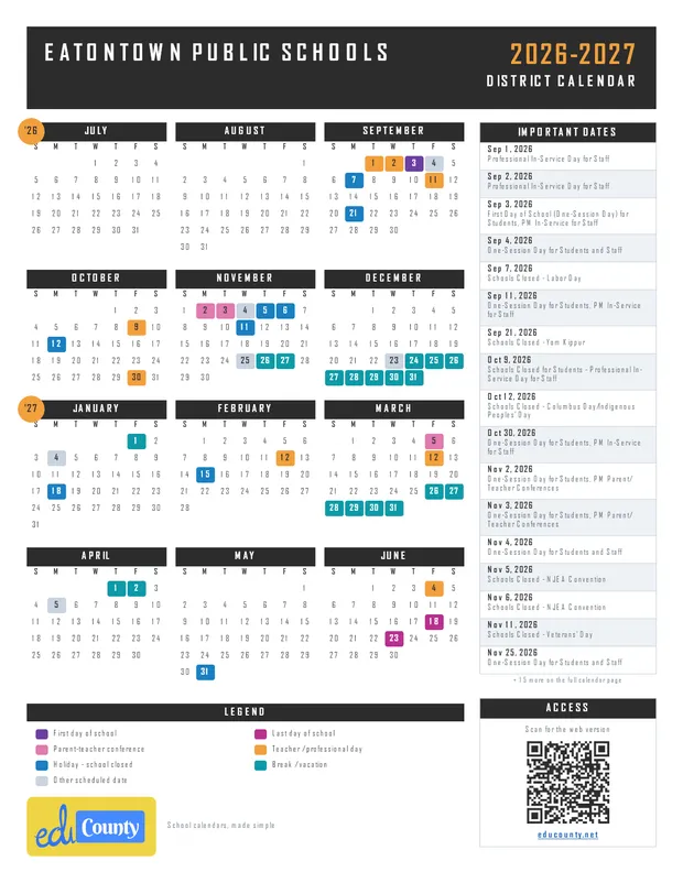 Eatontown Public Schools printable 2026-27 calendar