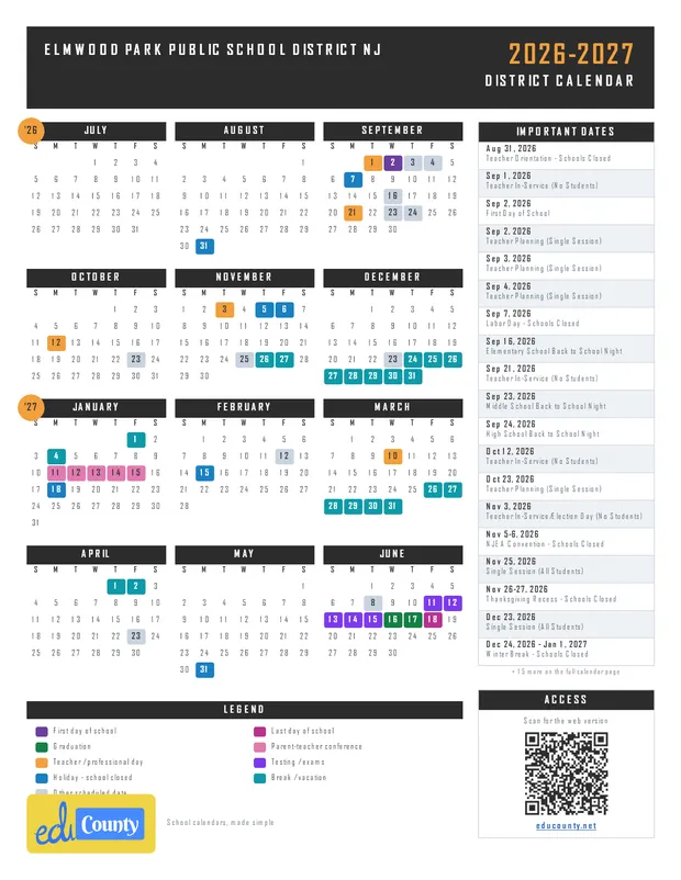 Elmwood Park Public School District printable 2026-27 calendar