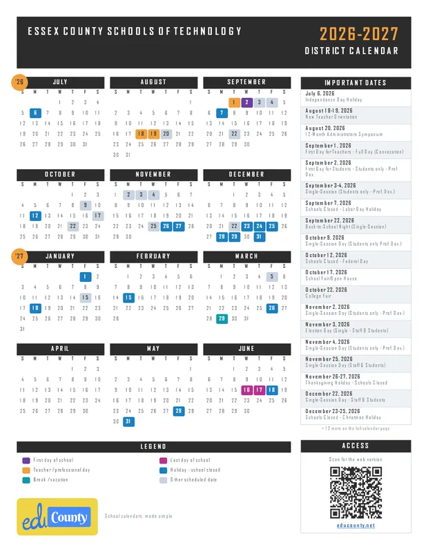 ESSEX COUNTY SCHOOLS OF TECHNOLOGY printable 2026-27 calendar