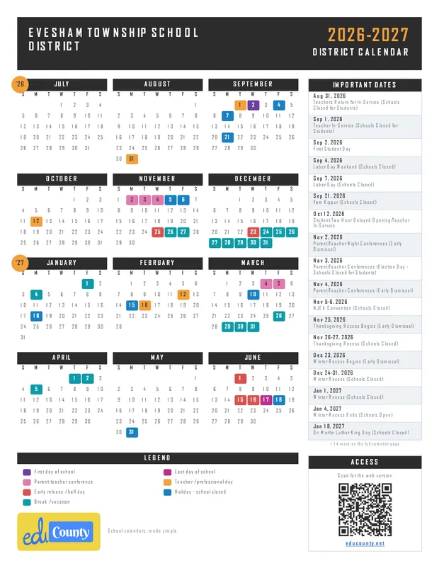 Evesham Township School District printable 2026-27 calendar