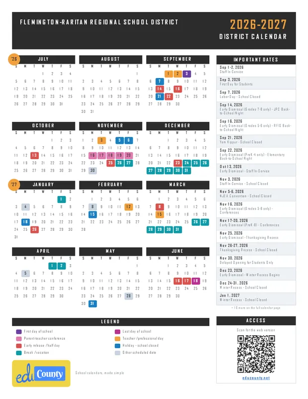 Flemington-Raritan Regional School District printable 2026-27 calendar