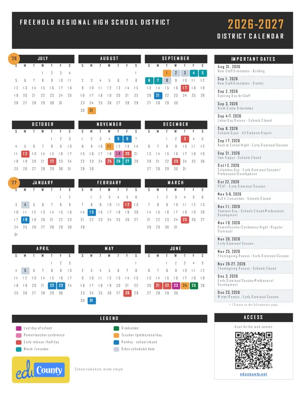 FREEHOLD REGIONAL HIGH SCHOOL DISTRICT printable 2026-27 calendar