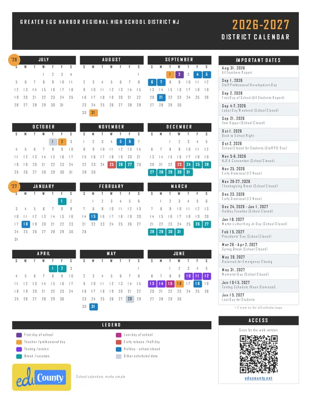 Greater Egg Harbor Regional High School District printable 2026-27 calendar