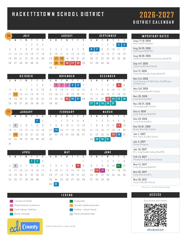 Hackettstown School District printable 2026-27 calendar