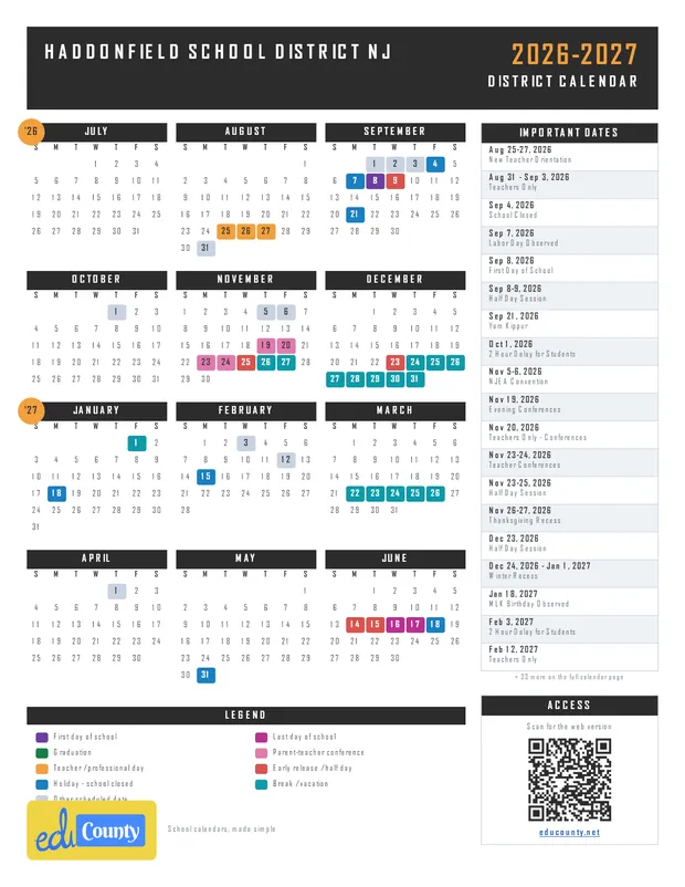 Haddonfield School District printable 2026-27 calendar