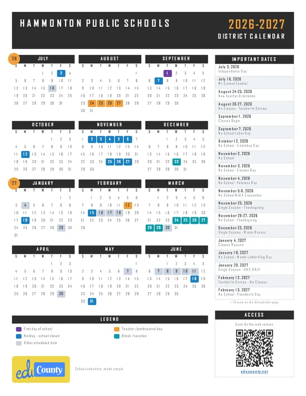 HAMMONTON PUBLIC SCHOOLS printable 2026-27 calendar