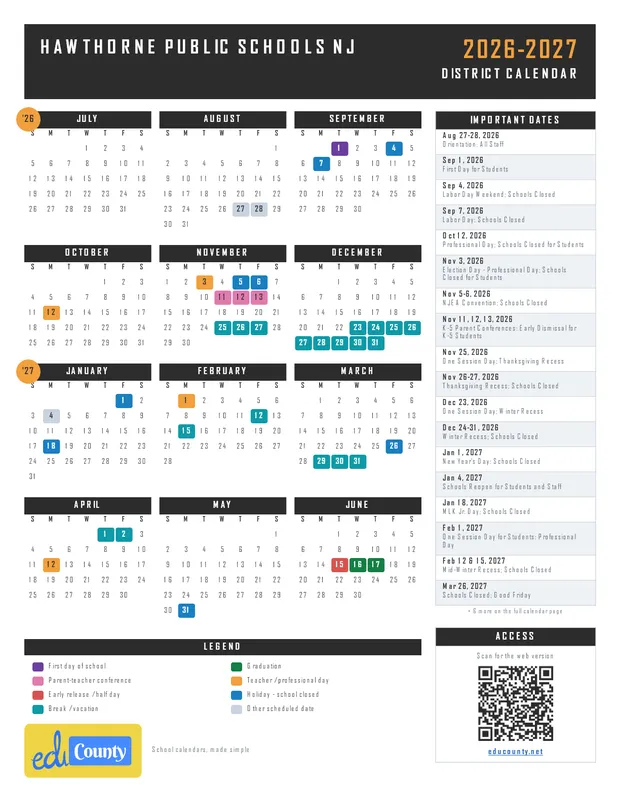 Hawthorne Public Schools printable 2026-27 calendar