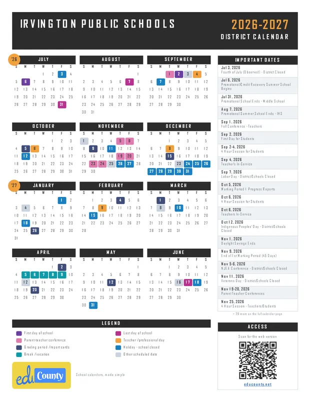 Irvington Public Schools printable 2026-27 calendar