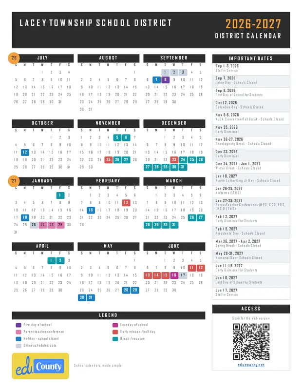 Lacey Township School District printable 2026-27 calendar