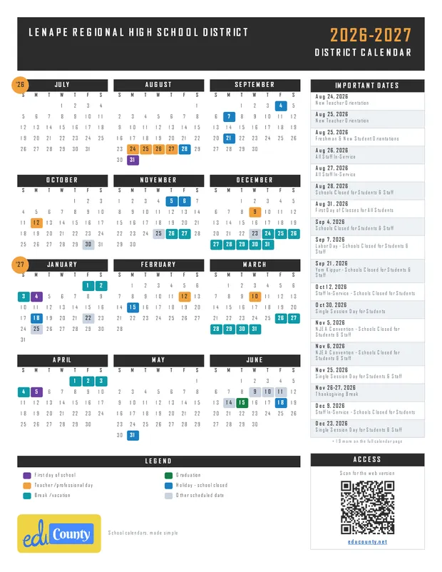 Lenape Regional High School District printable 2026-27 calendar