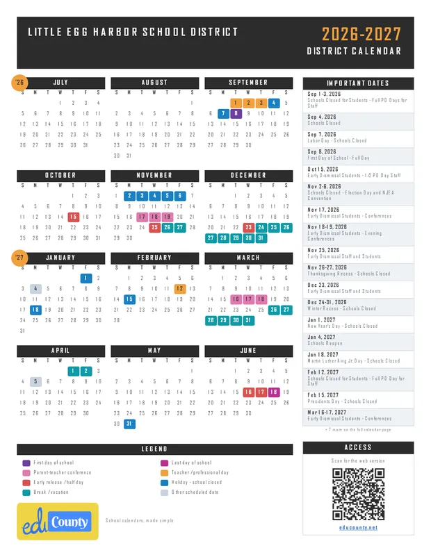 Little Egg Harbor School District printable 2026-27 calendar