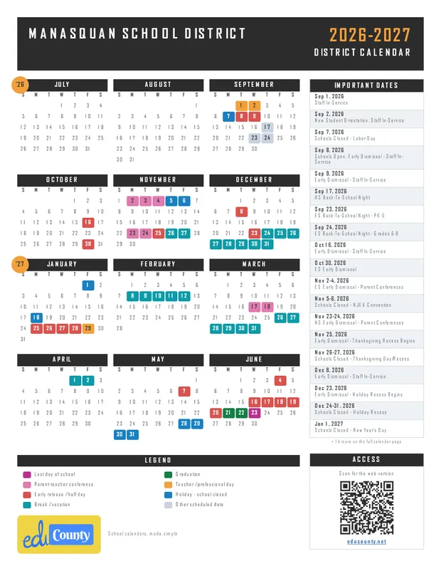 MANASQUAN SCHOOL DISTRICT printable 2026-27 calendar
