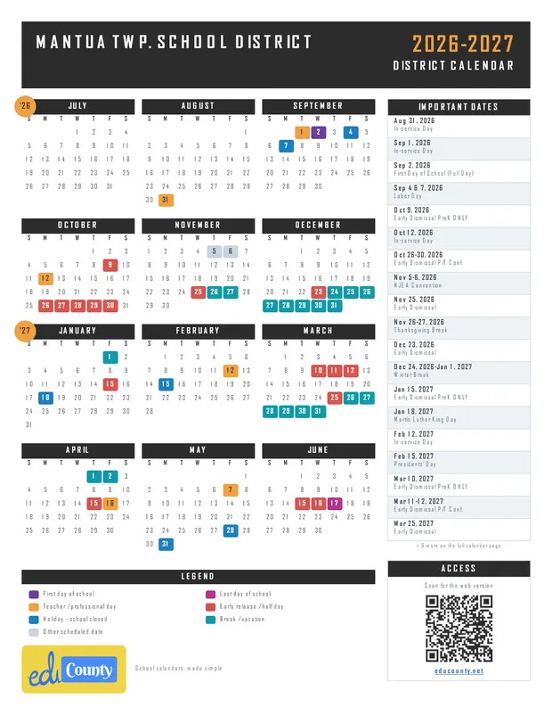 MANTUA TWP. SCHOOL DISTRICT printable 2026-27 calendar