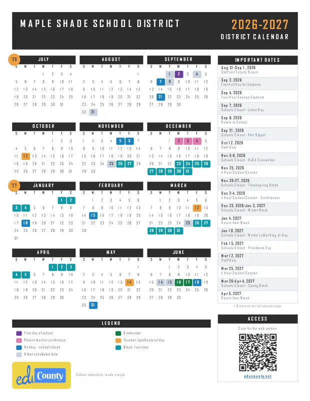 Maple Shade School District printable 2026-27 calendar