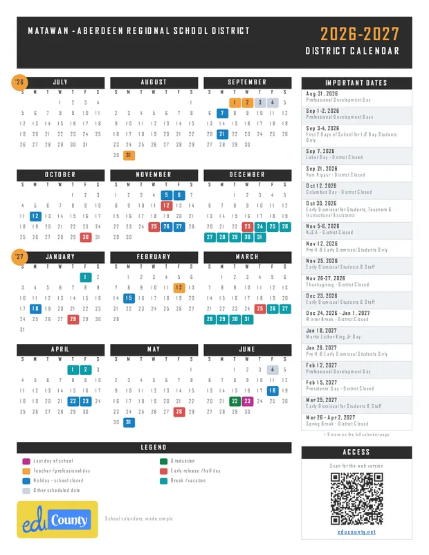 MATAWAN - ABERDEEN REGIONAL SCHOOL DISTRICT printable 2026-27 calendar
