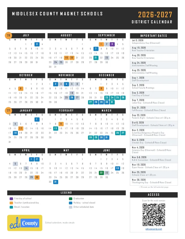 Middlesex County Magnet Schools printable 2026-27 calendar