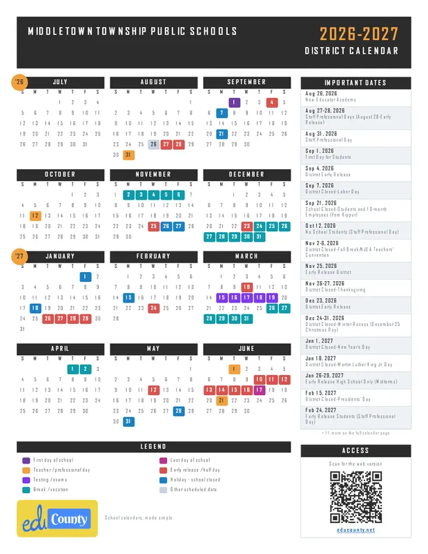 MIDDLETOWN TOWNSHIP PUBLIC SCHOOLS printable 2026-27 calendar
