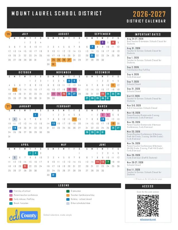Mount Laurel School District printable 2026-27 calendar