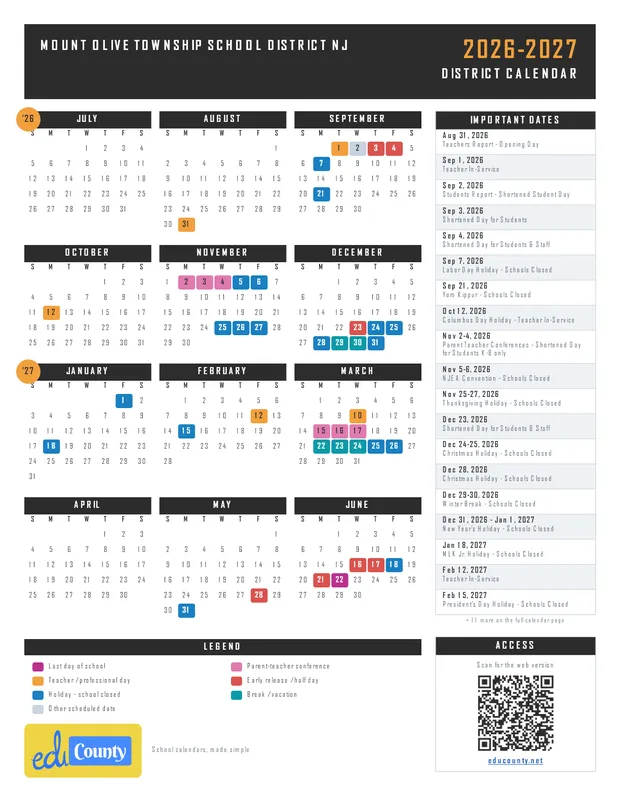Mount Olive Township School District printable 2026-27 calendar