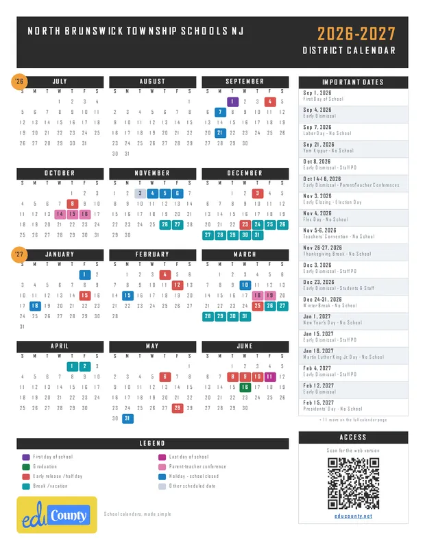 North Brunswick Township Schools printable 2026-27 calendar