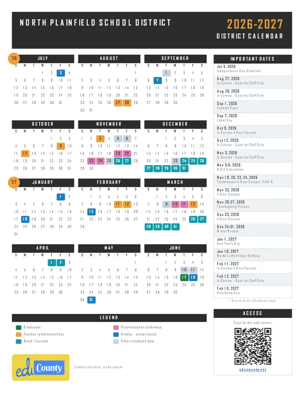 NORTH PLAINFIELD SCHOOL DISTRICT printable 2026-27 calendar