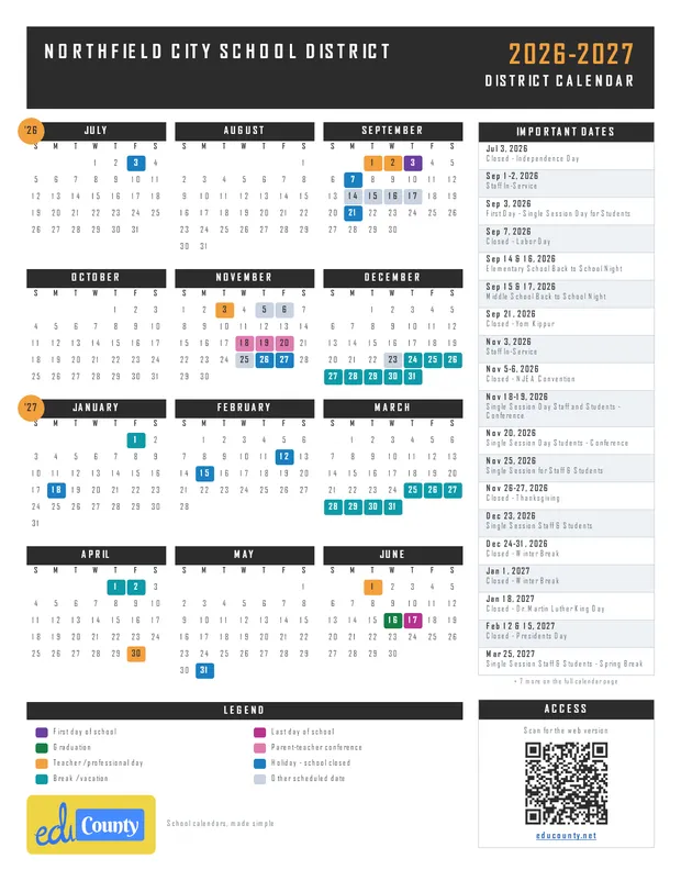 Northfield City School District printable 2026-27 calendar